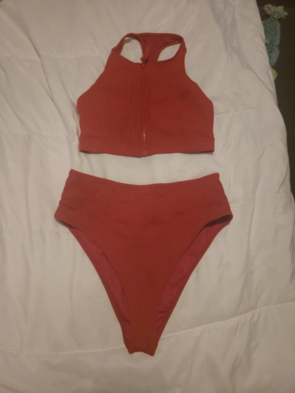 Fabletics Red High-Waist Ribbed Bikini Set with Zip Front Top